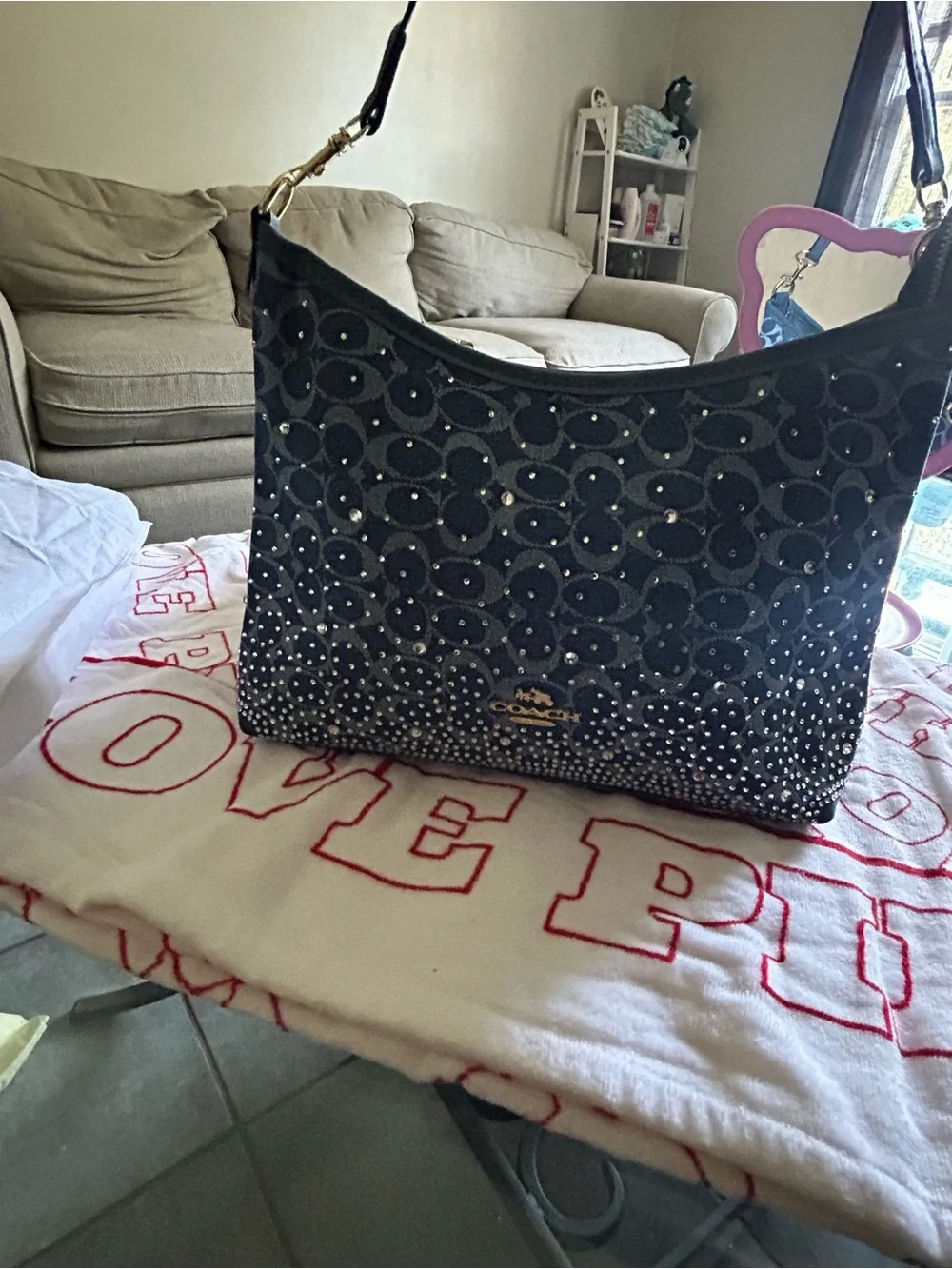 Coach Black Signature Crystal-Studded Shoulder Bag